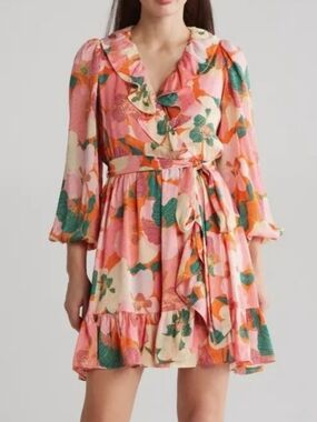 Taylor‎ Floral Faux Wrap Ruffle Mini Dress Size 4 Balloon Sleeve Romantic